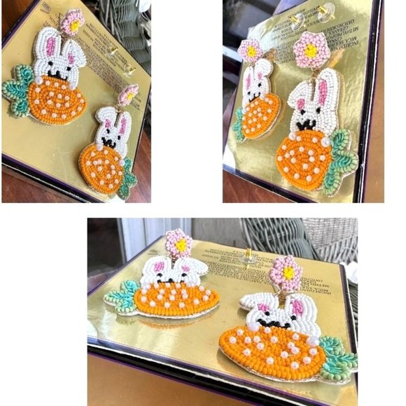 New Easter Bunny Earrings Handmade Beaded Rabbit Carrot Dangle Posts Em… - Picture 3 of 12
